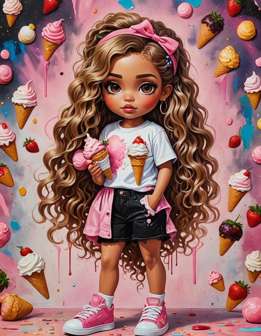 Bratz Girl with Strawberry Ice Cream, Airbrush Oil Painting