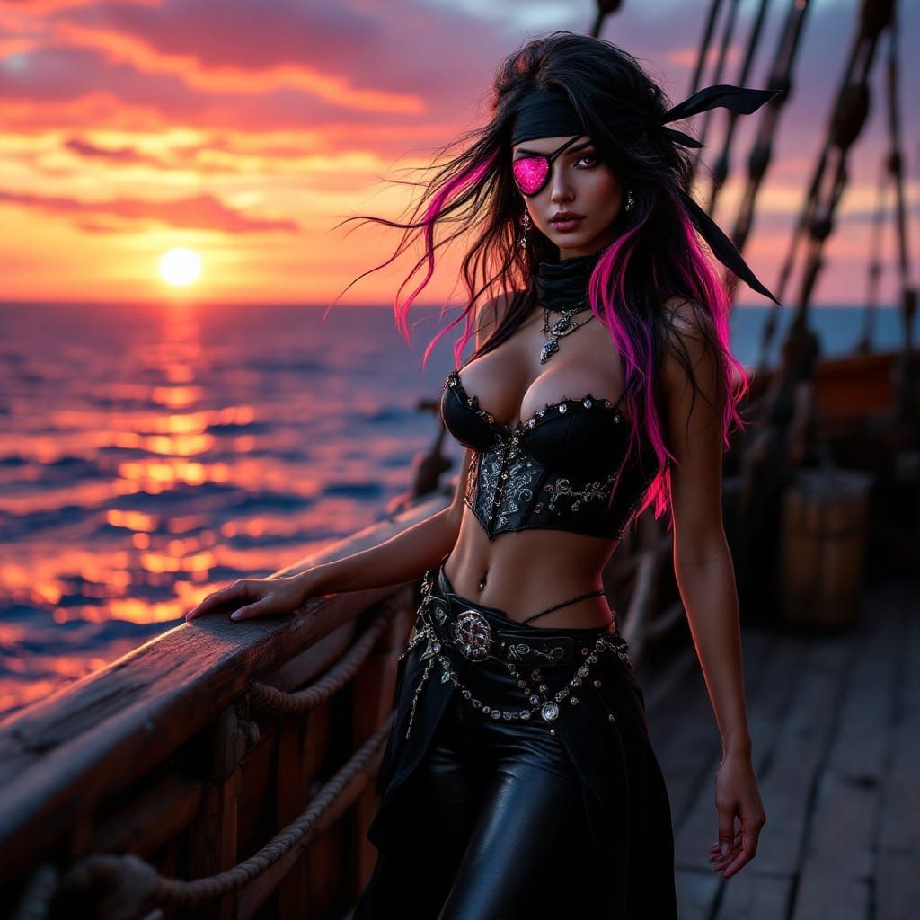 Confident Pirate Queen on Deck at Sunset