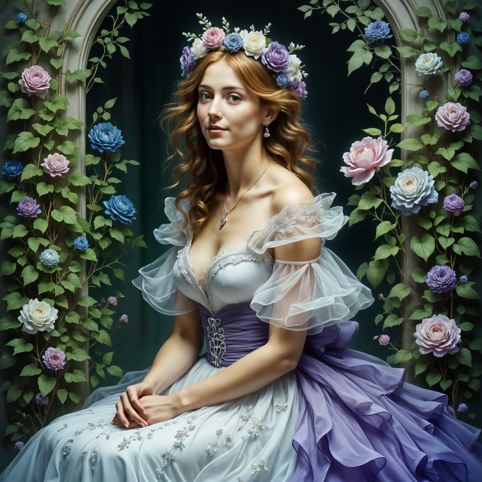 Ethereal Woman in White and Purple Gown