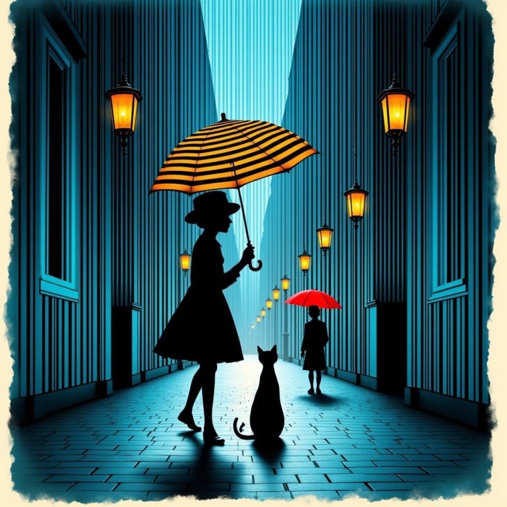 Steampunk Girl and Cat Under Nighttime Umbrella