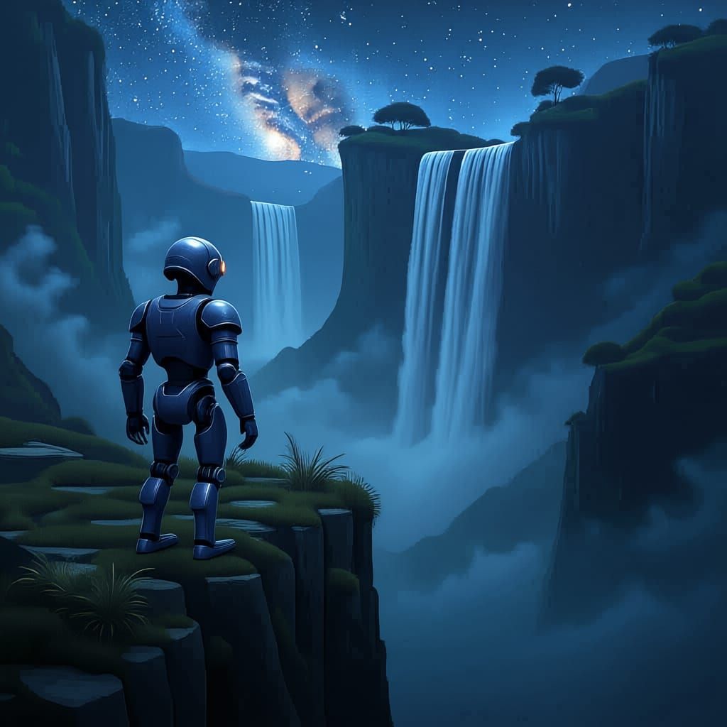 Robot Gazes at Waterfall with Blue Mist