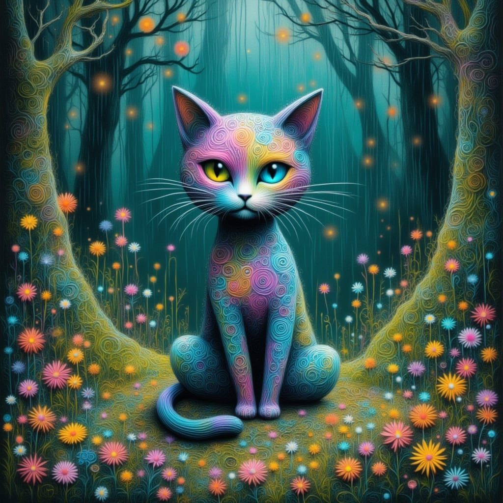 Enchanting Cat in Misty Forest, Anime Style
