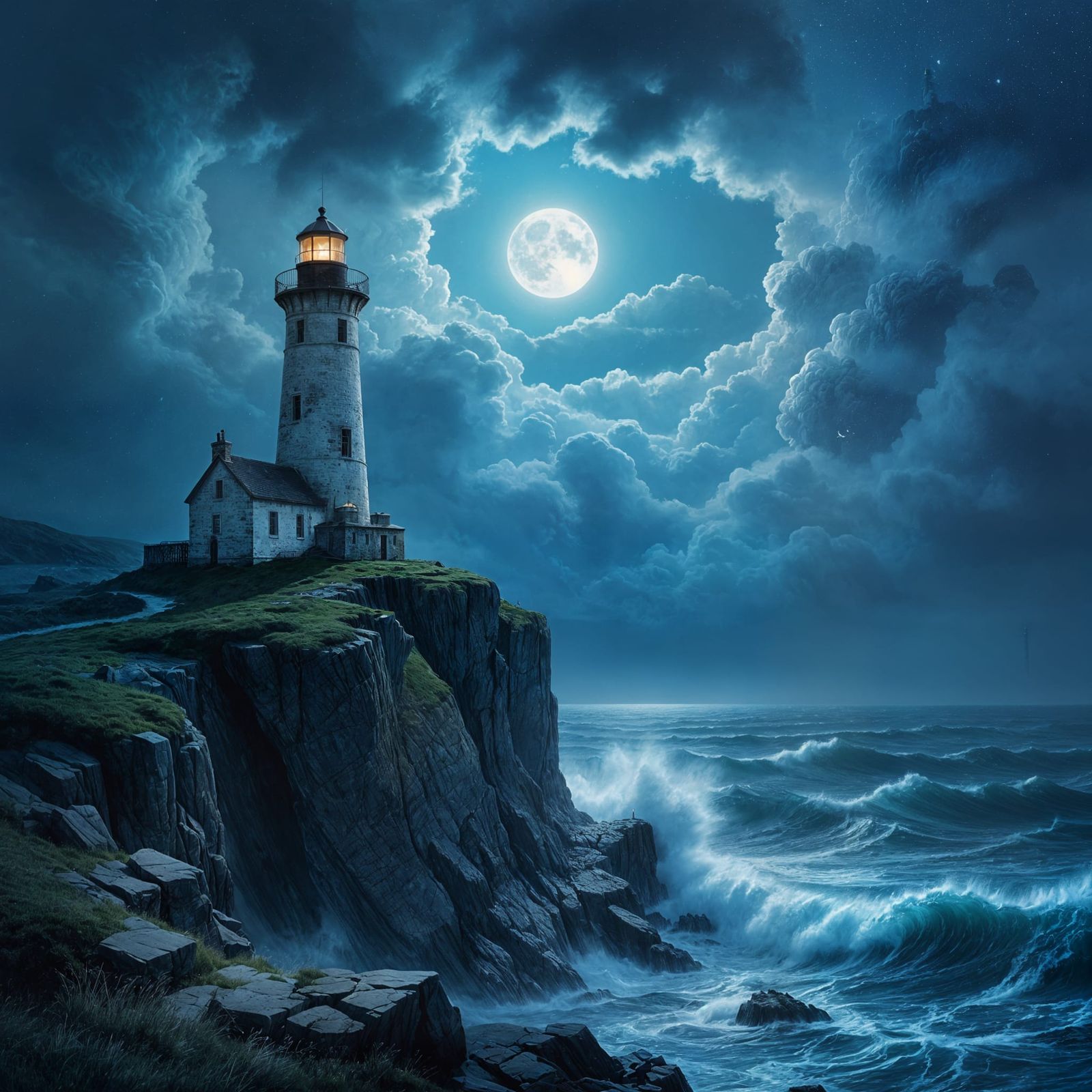 Atmospheric Lighthouse on Stormy Cliffs
