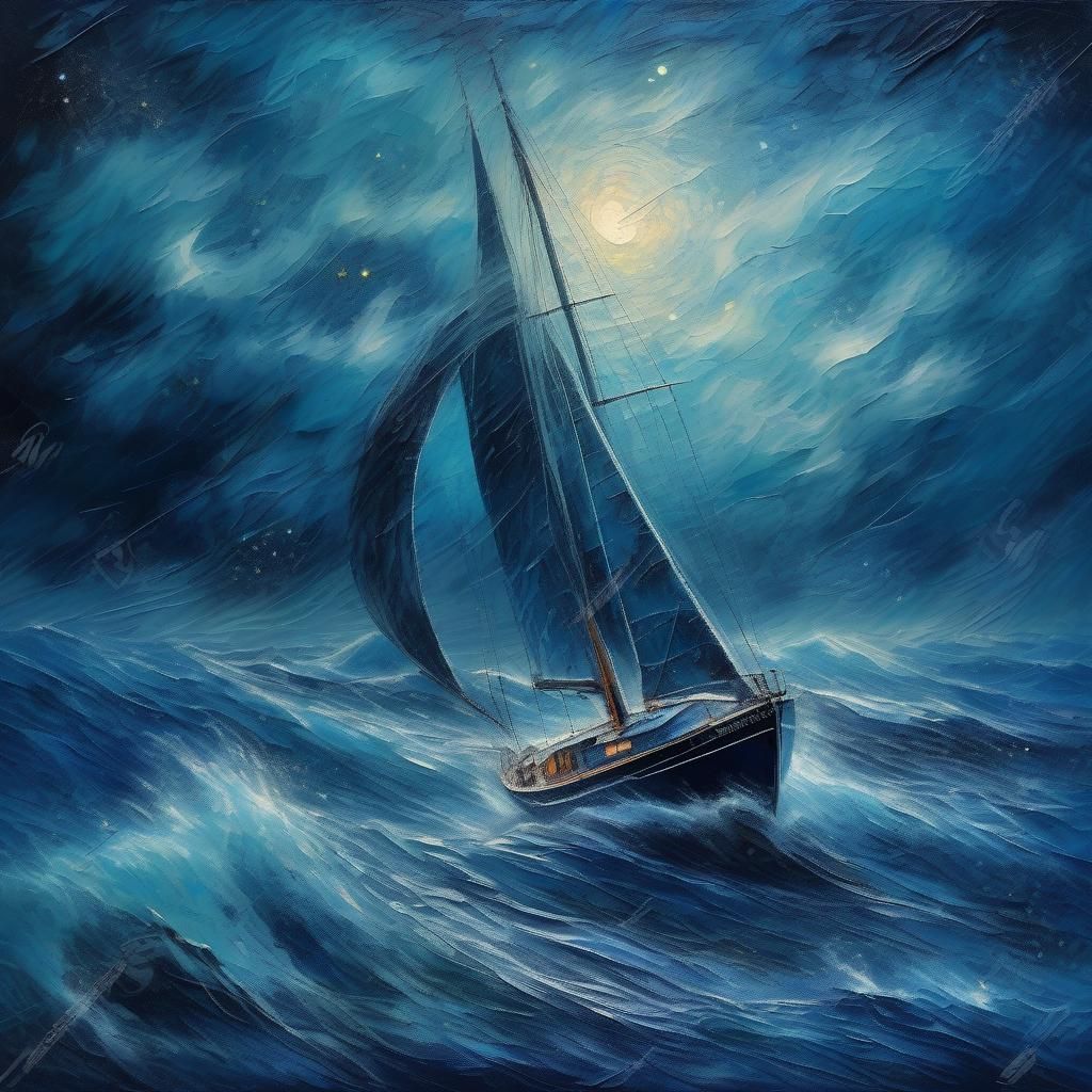 Blue Sailboat Navigating Stormy Seas: An Oil Painting