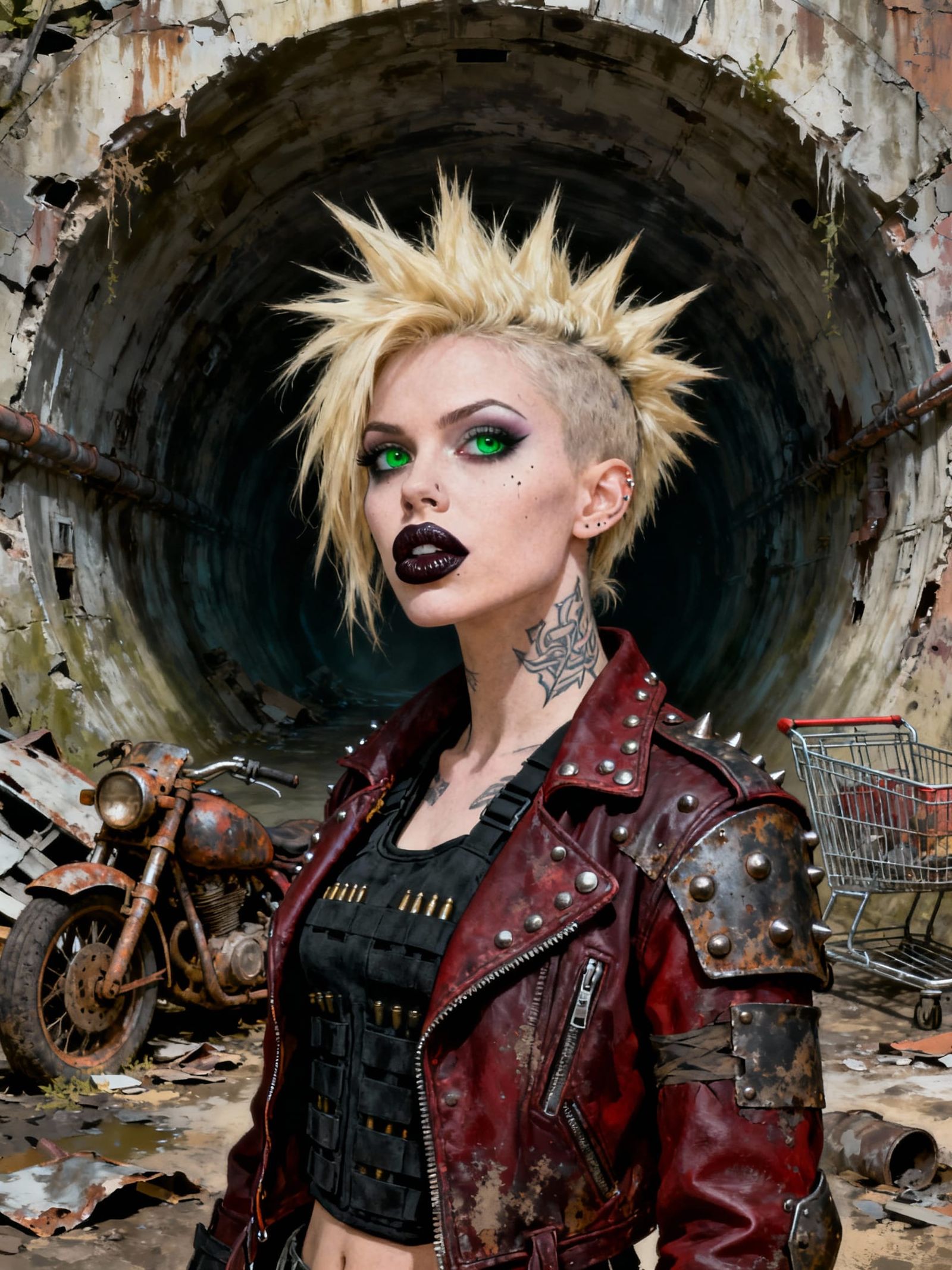Post-Apocalyptic Punk Woman in Ruined Canal Entrance