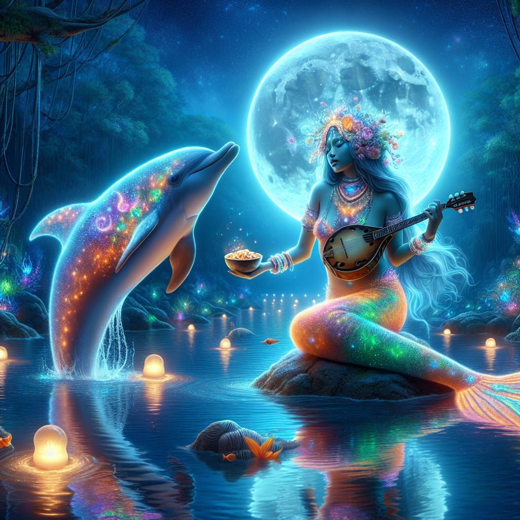 Luminescent Mermaid Serenades Dolphin in Colorful Oil Painti...