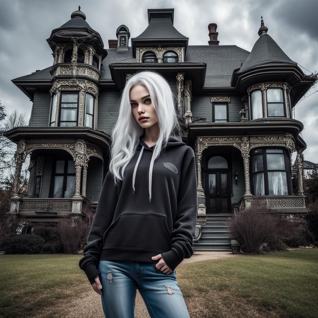 Girl in Hoodie in Front of Victorian House
