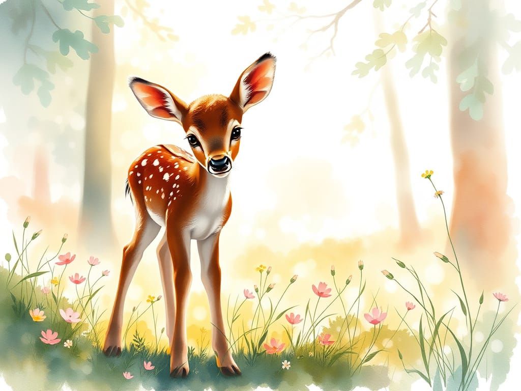 Pastel Fawn in Sun-Dappled Glade, Watercolor Style