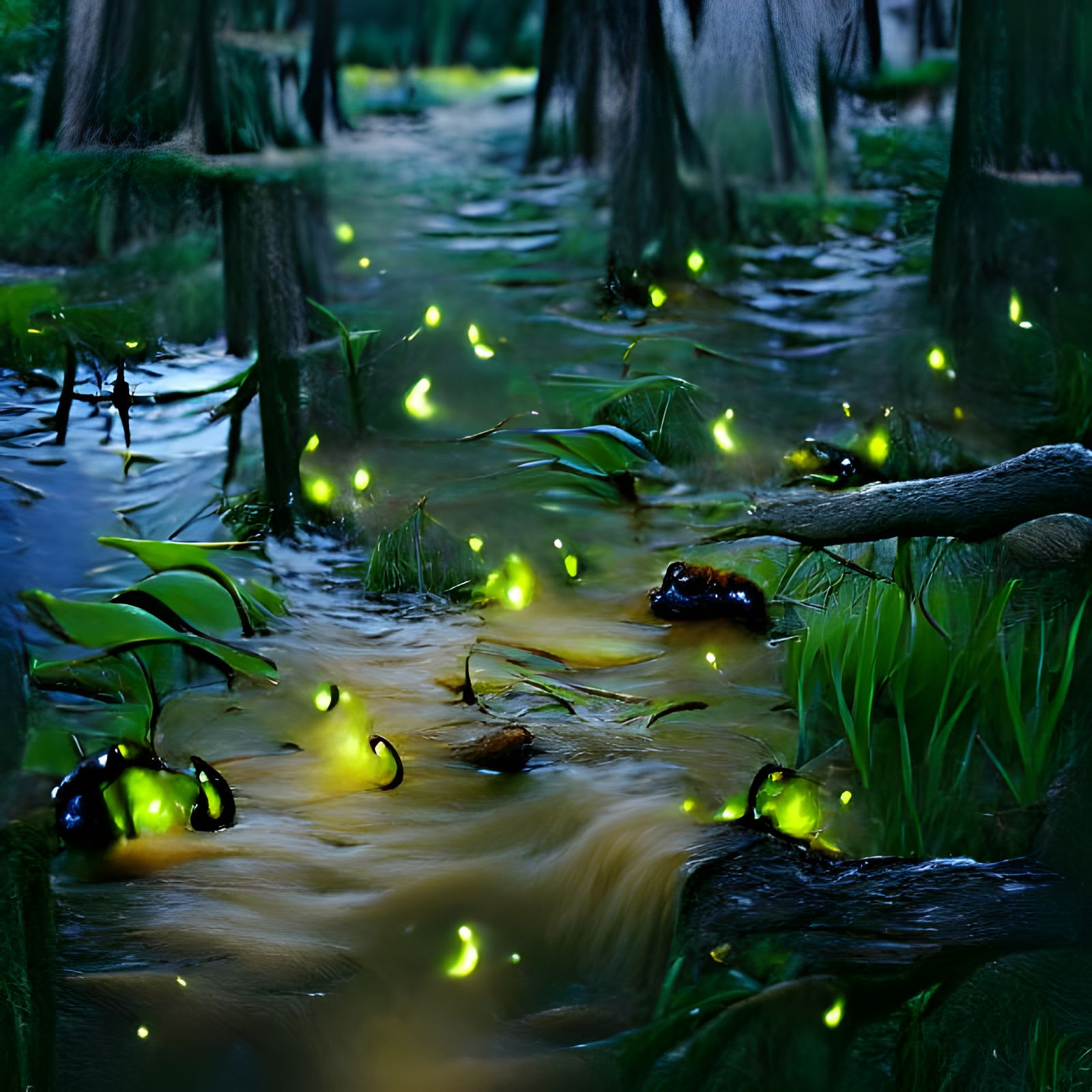 Fireflies Illuminate a Mystical Swamp at Night