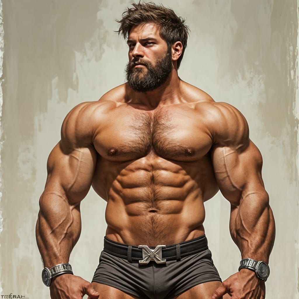 Hairy, Muscular Man with Beard and Gym Shorts
