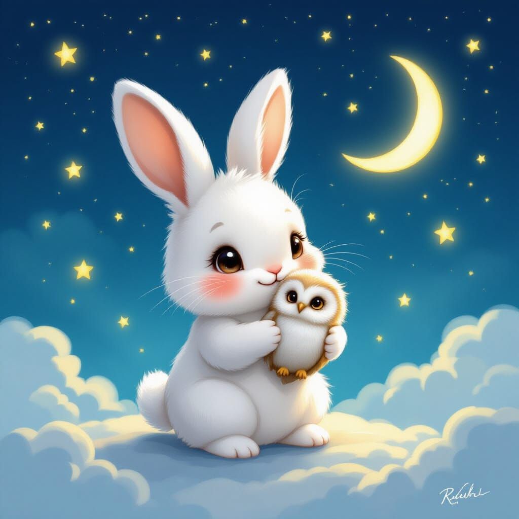 Rabbit-Eared Creature with Owl in Starry Night