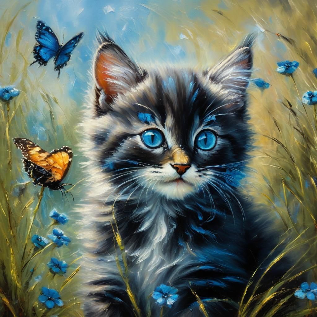 Kitten with Butterfly: Impressionist Oil Painting