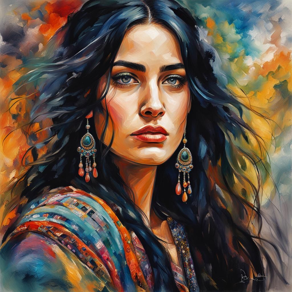 Beautiful Gypsy Woman in Colorful Dress: Impressionist Digit...