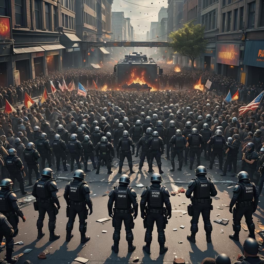 Riot Police Confront Protesters: Detailed Matte Painting