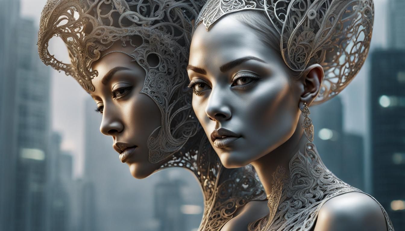Silver Filigree Alien Double Exposure Portrait