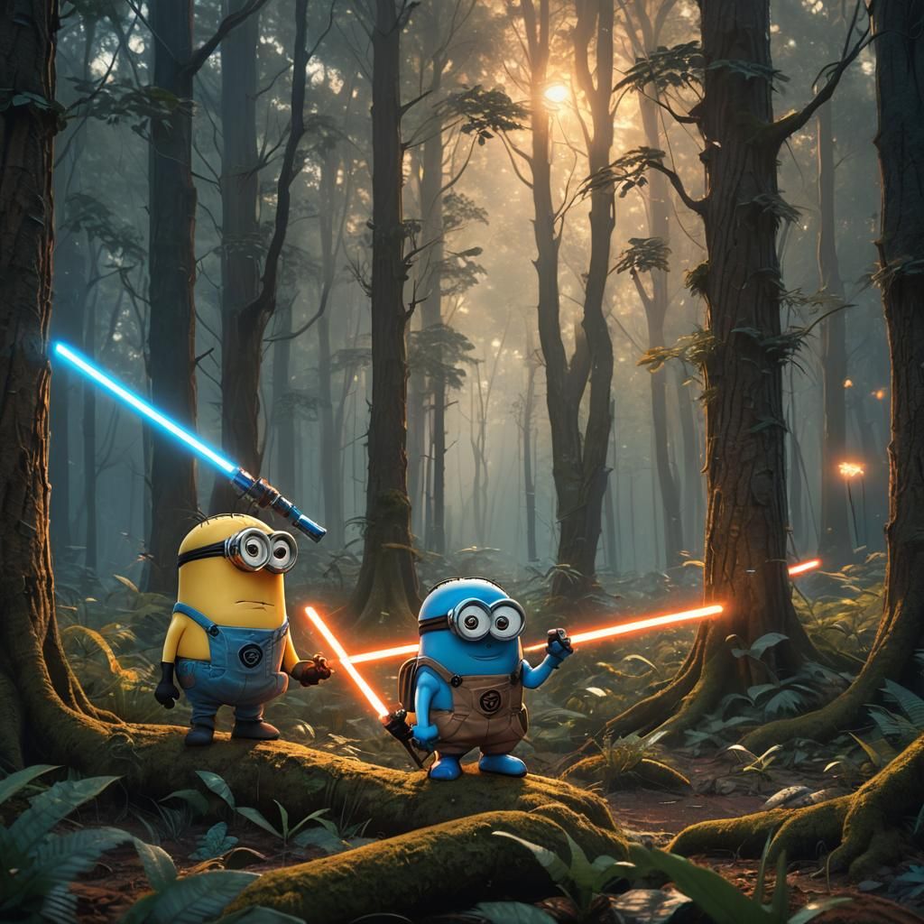Smurf and Minion Lightsaber Battle in Mystical Forest