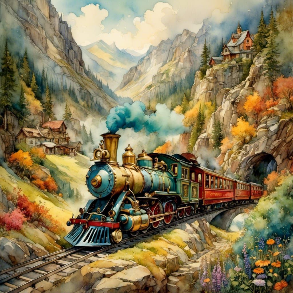 Whimsical Train Journey Through Fantasy Mountainside in Wate...