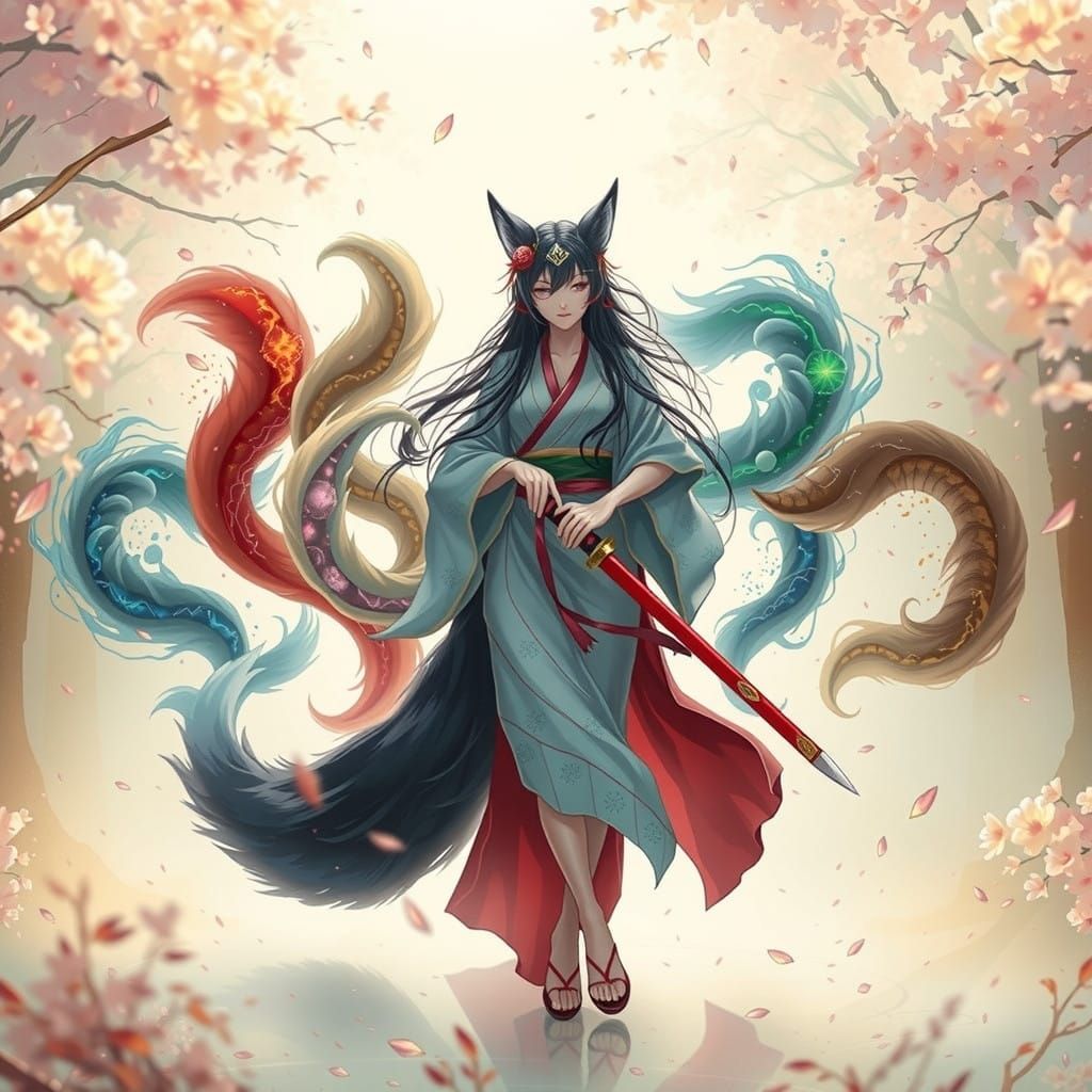Mystical Kitsune in Kimono, Katana, and Nine Fox Tails, in a...