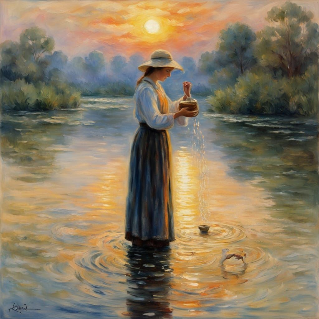 A Lady's Spiritual Dawn Ritual in Impressionist Style