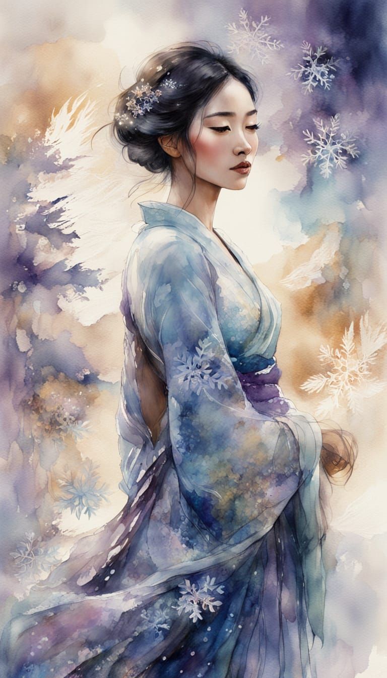 Ethereal Watercolor Portrait of a Young Black Lady in Snow