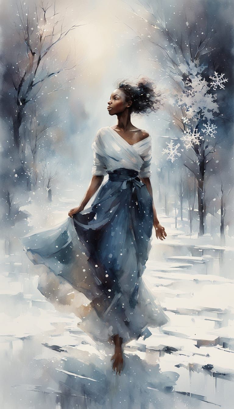 Ethereal Portrait of a Young Black Lady in Snowy Watercolor