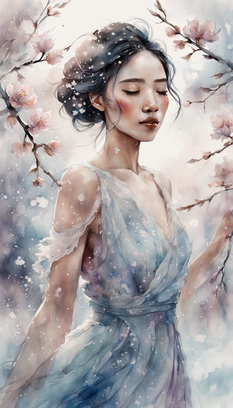 Dreamy Watercolor Portrait of a Young Black Woman in Snow