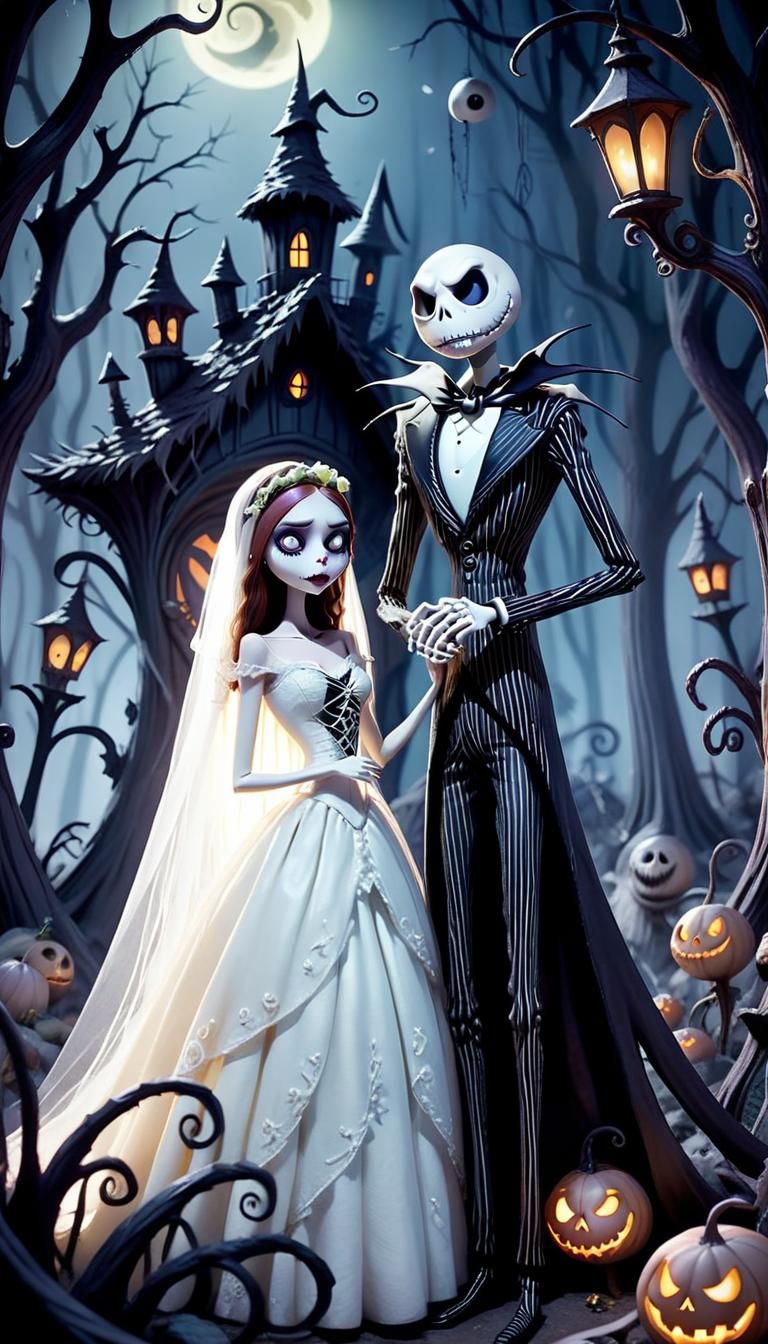 Jack Skellington and Bride in Eerie Forest Town