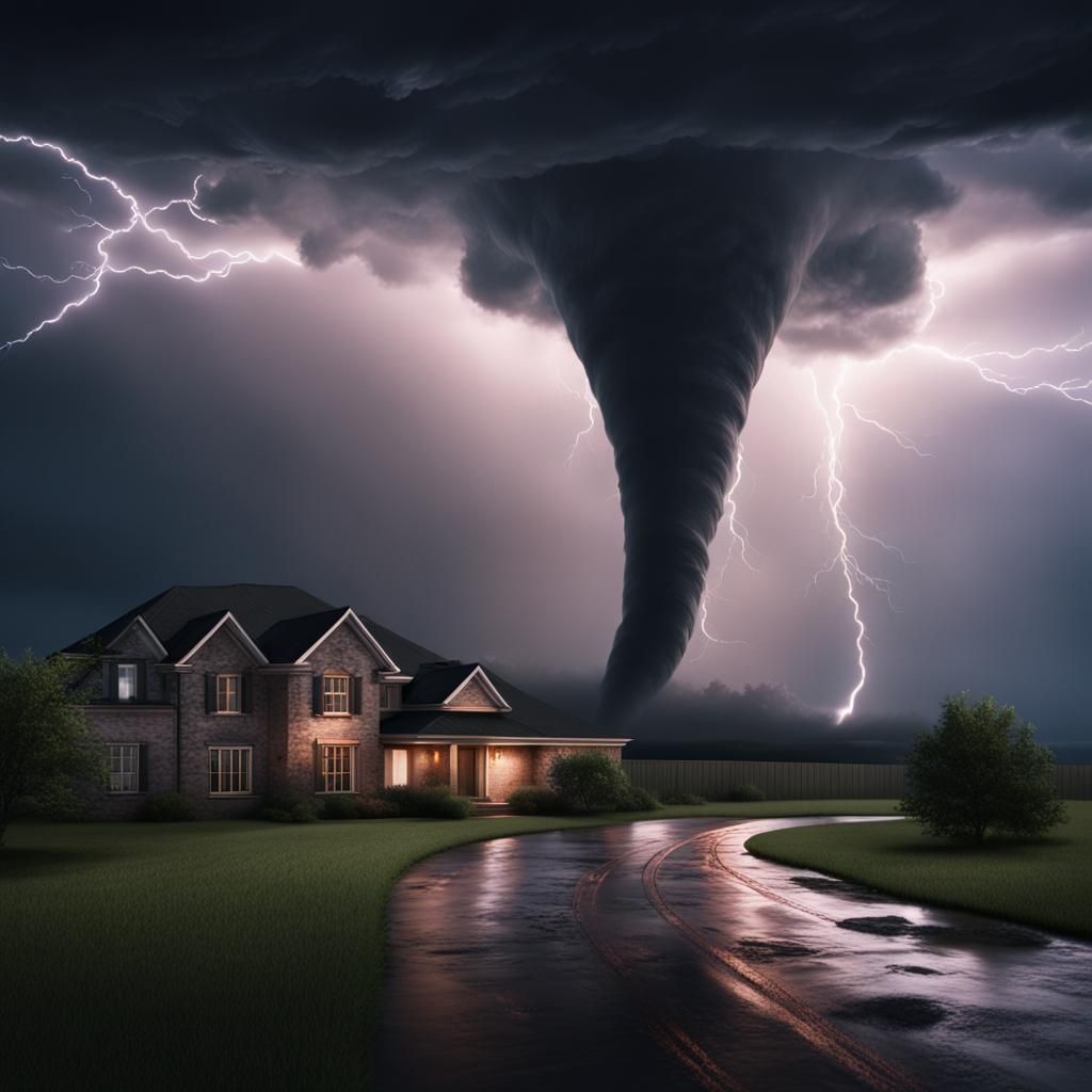 Dramatic Tornado at Night Lit by Lightning