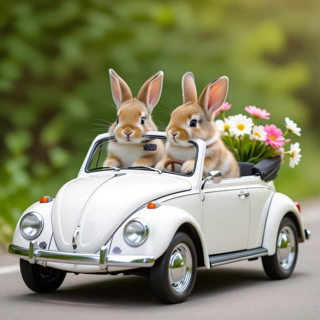 Baby Bunnies Drive Flower-Adorned VW Beetle