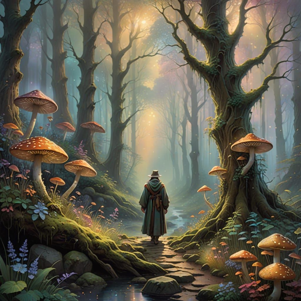 Mystical Forest Scene in Whimsical Thomas Kinkade Style