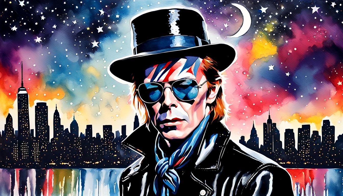 Pop Art Portrait in Rain with Cityscape and Stars