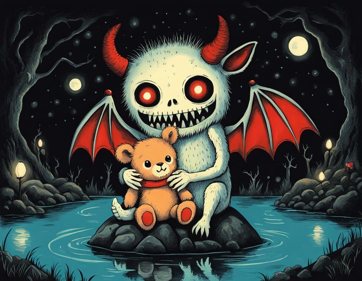 Cute Horror Monster Hugs Teddy Bear in Dark Cavern