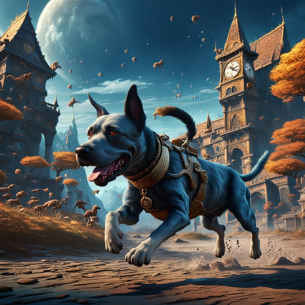 Dog Running Away From Time: Fantasy Concept Art