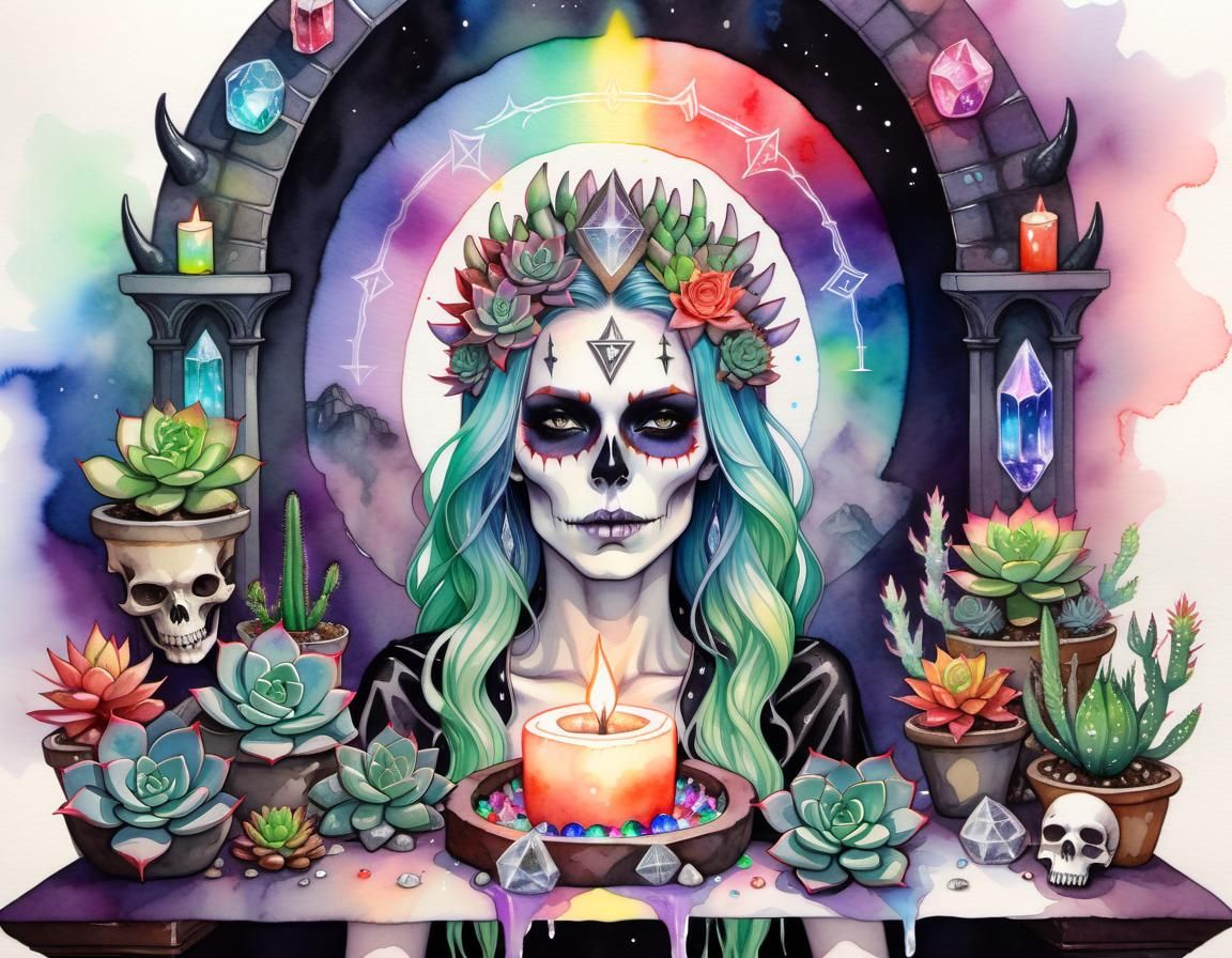 Gothic Demoness on Skull Throne Watercolor