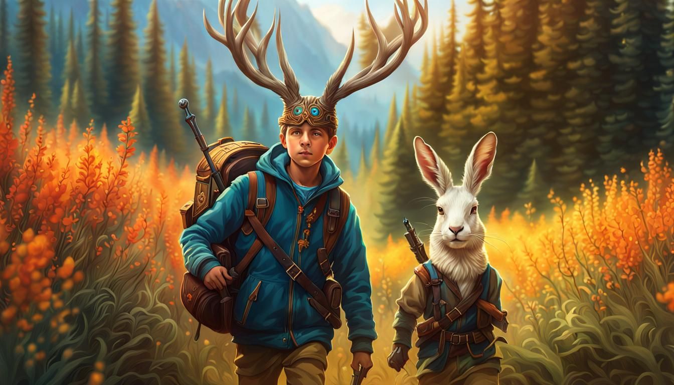 boy going hunting with his rabbit