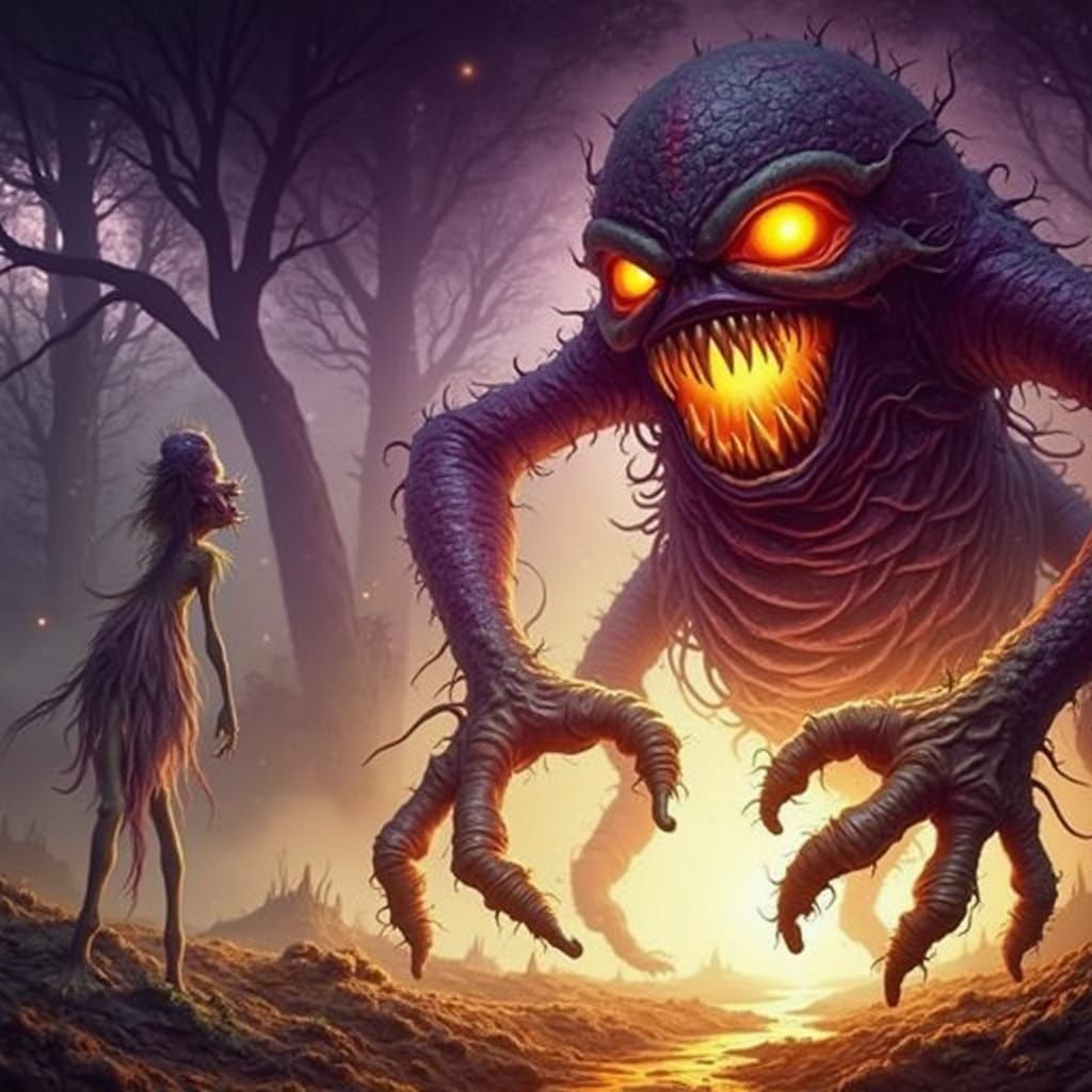 Menacing Monster Chasing Fairies in Dark Forest