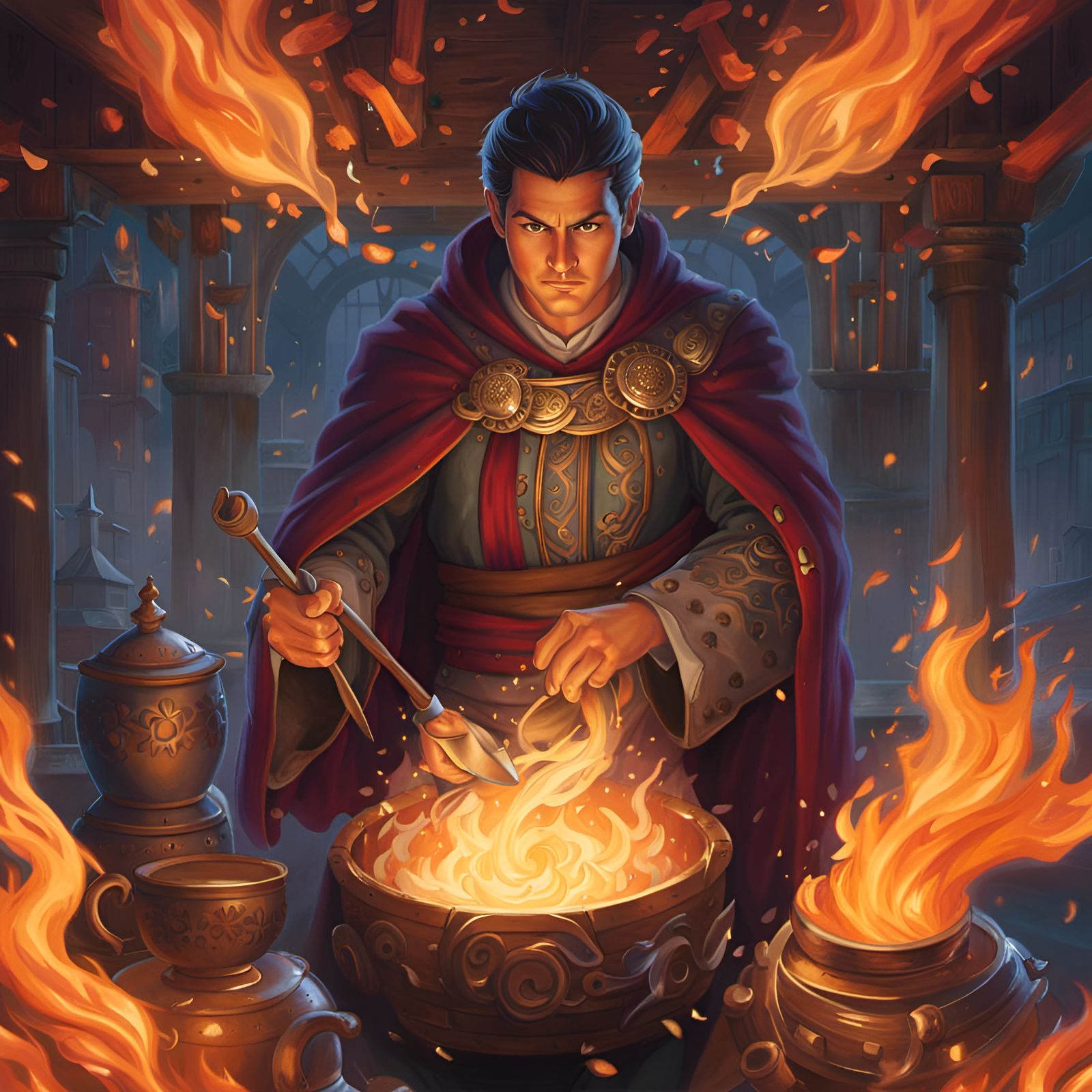 Handsome Wizard Brewing Potions, Watercolor Ghibli Style