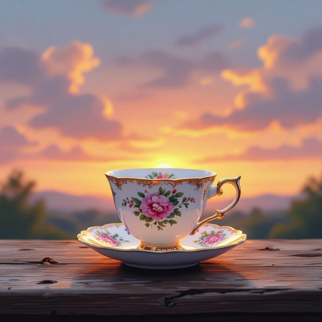 Antique Tea Cup at Vibrant Sunset, Whimsical Style