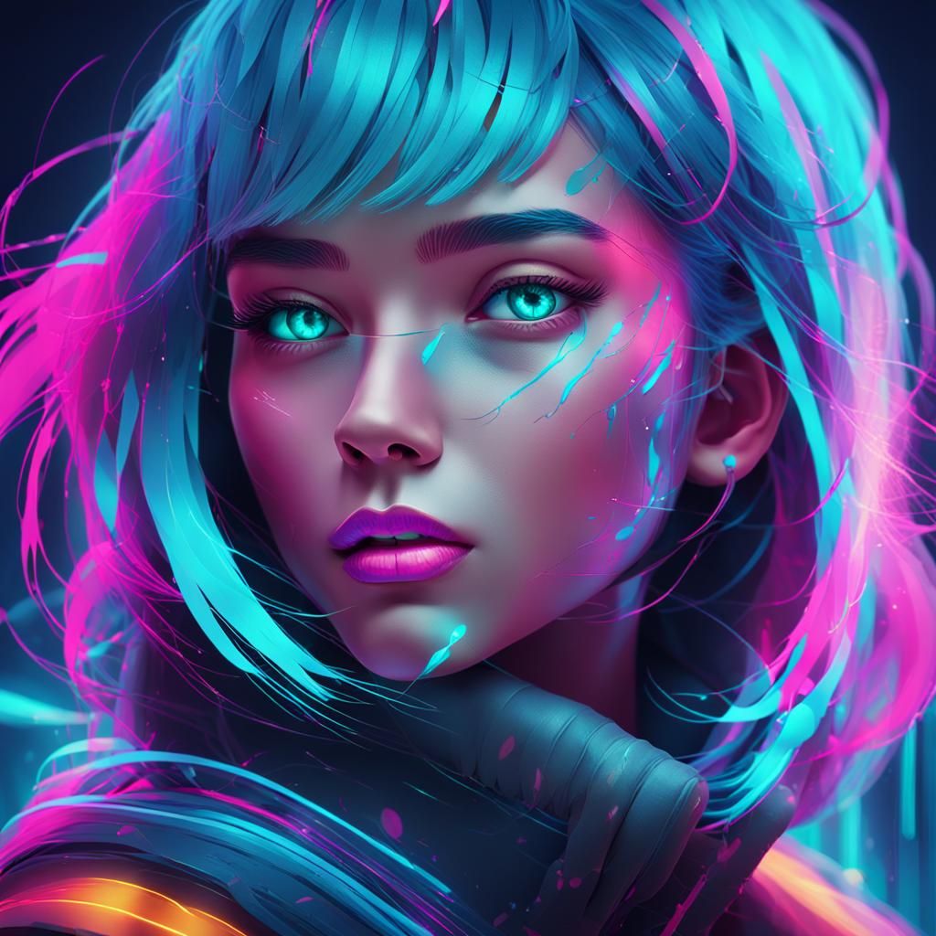 Cyan-Haired Woman: Vibrant Neon Cyberpunk Portrait