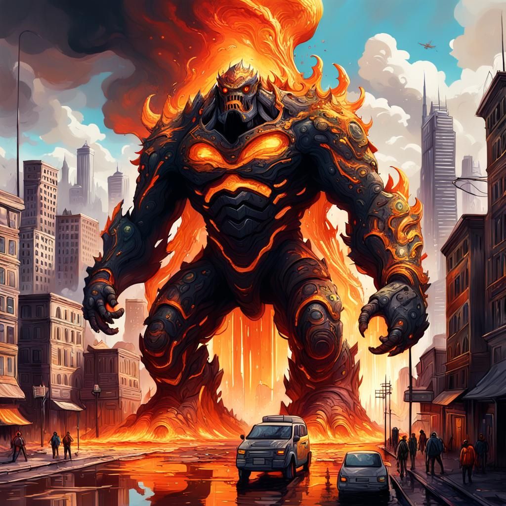 Lava Monster Destroys Golden City: Graffiti Art Style