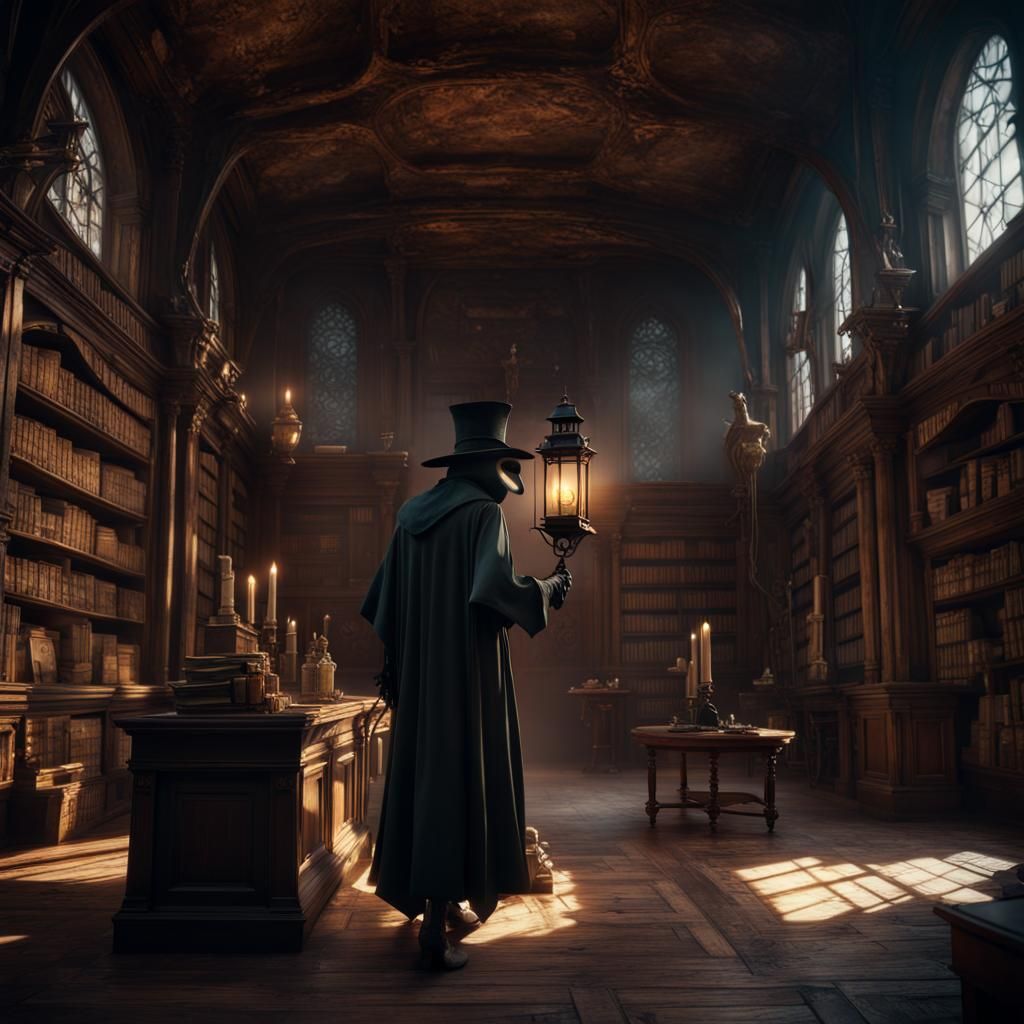 Plague Doctor in Ancient Library: Detailed Matte Painting