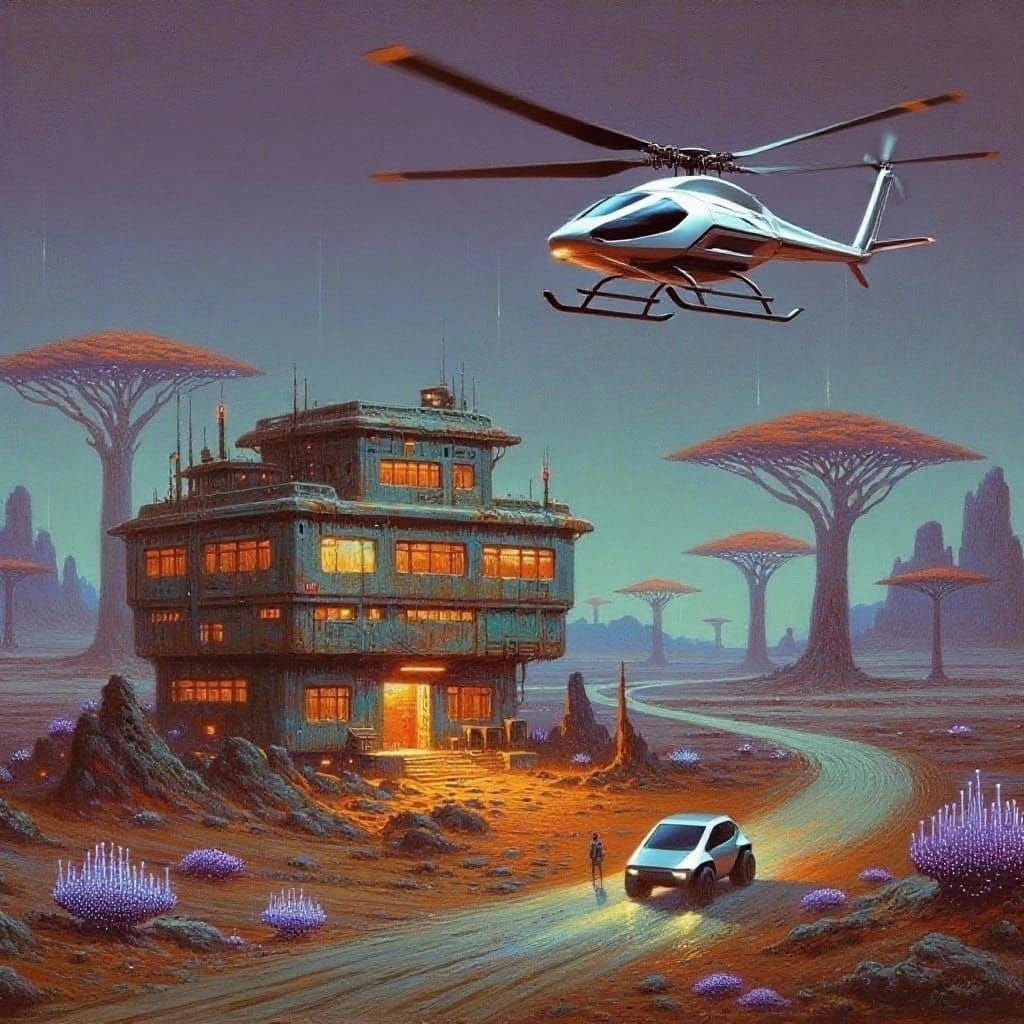 Retro-Futuristic Transport HQ on Alien Socotra Landscape