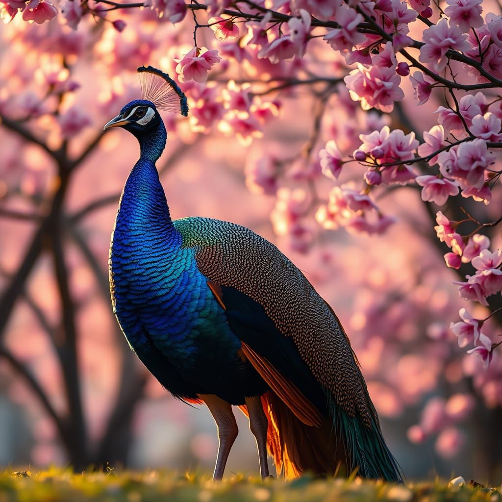 Majestic Indian Peafowl Amidst Cherry Blossoms in Vibrant HD...