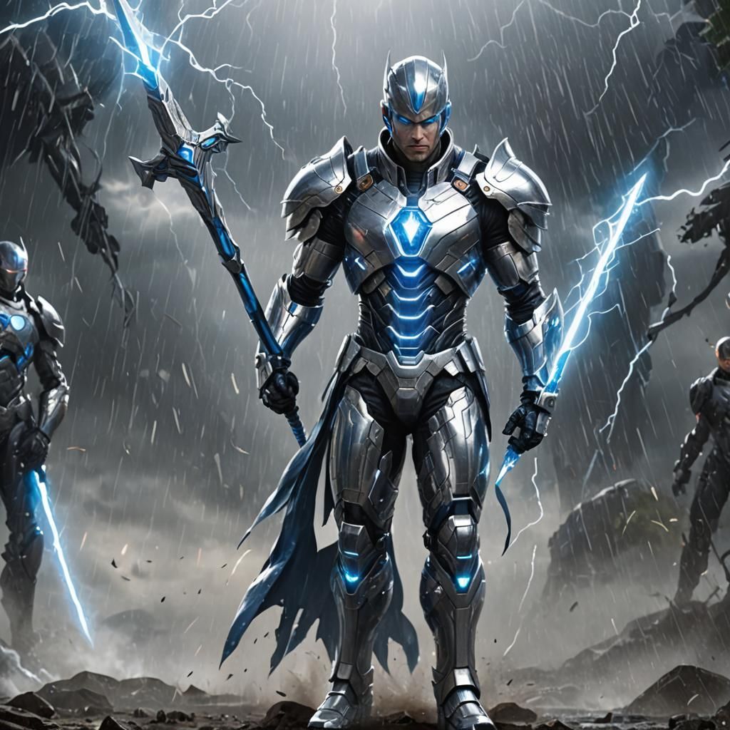 Futuristic Armored Warrior with Energy Sword in Storm