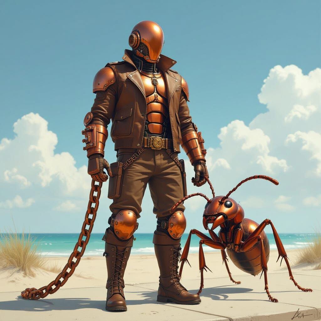 Steampunk Bionic Man with Giant Copper Ant