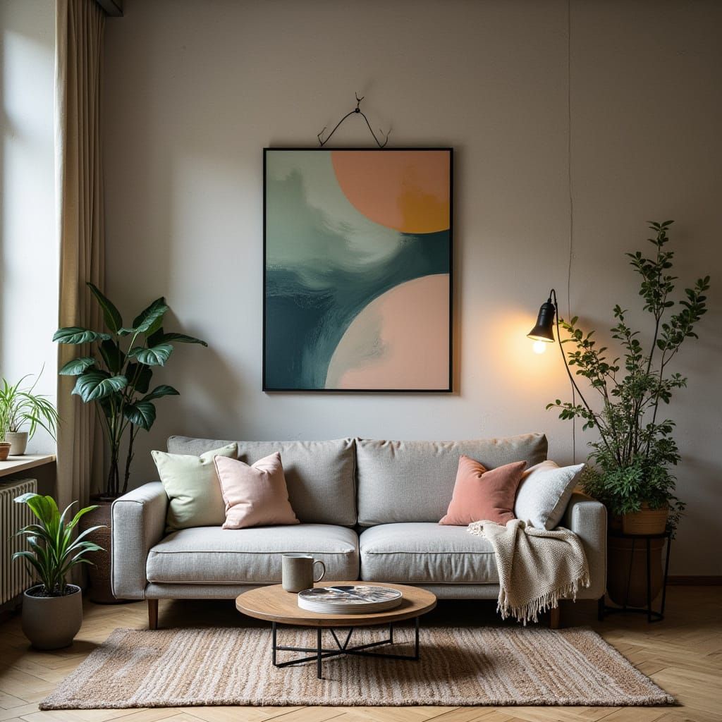 Cozy Industrial Living Room with Soft Gray Sofa and Wooden F...