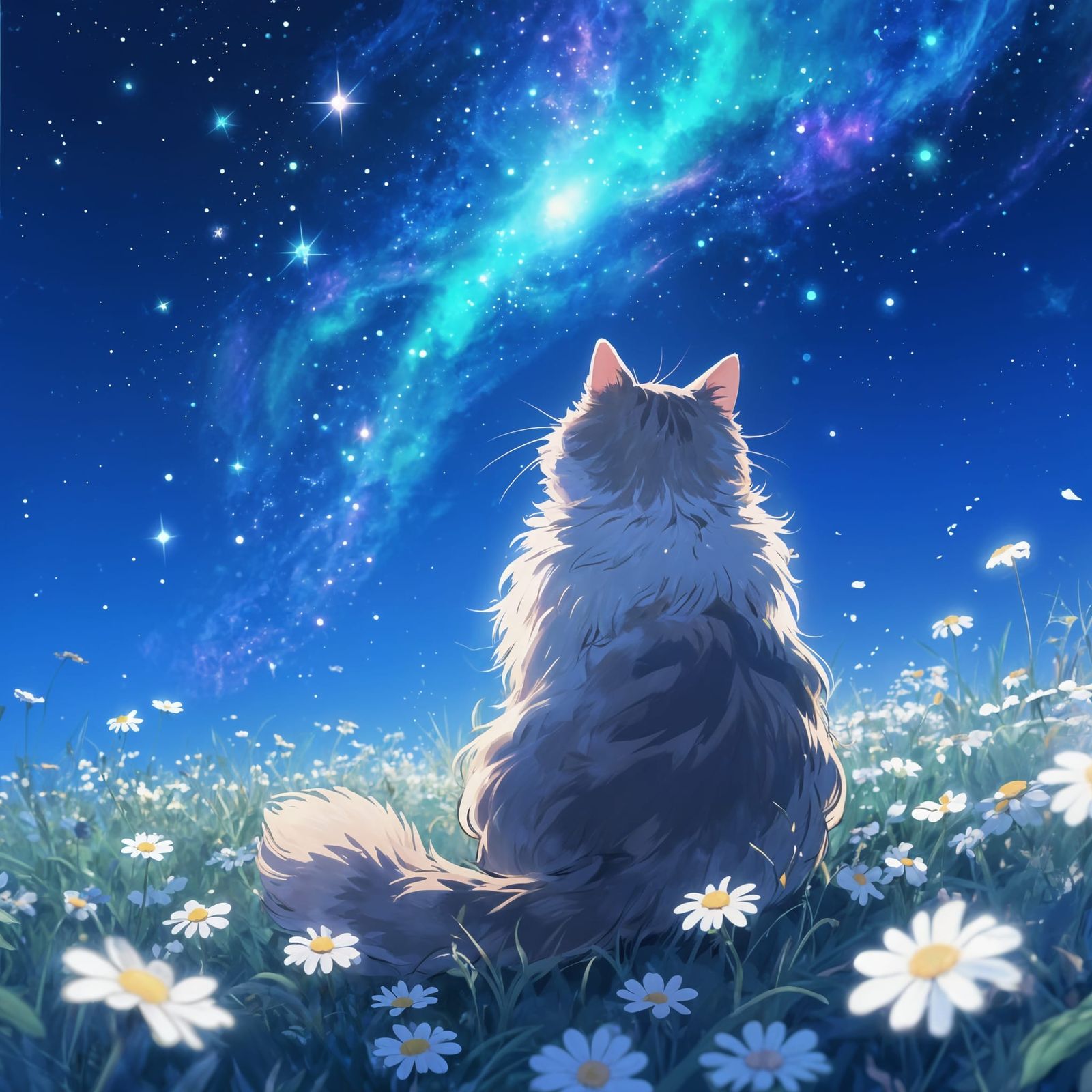 Fluffy Cat in Daisy Field Under Starry Night Sky