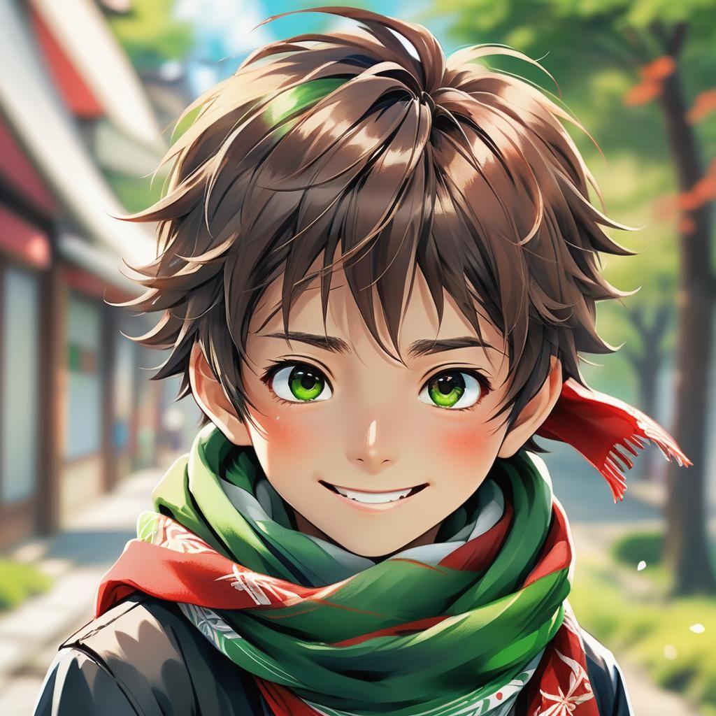 Anime Portrait: Boy with Scarf in Manga Style
