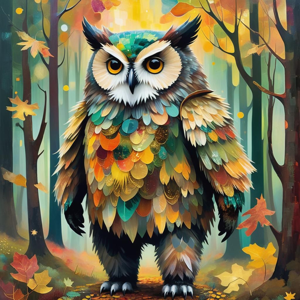 Owlbear Ranger in Abstract Expressionist Autumn Forest