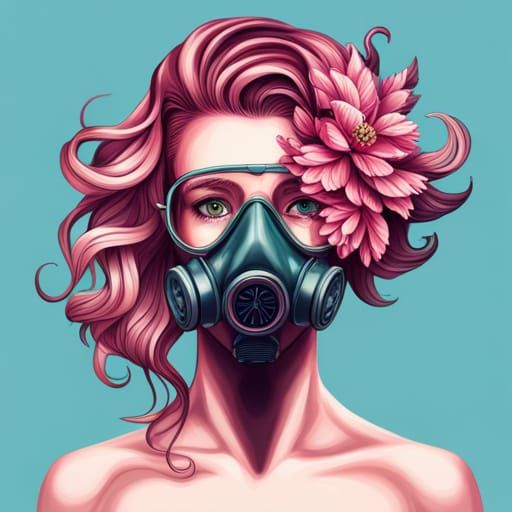 Girl with Gasmask and Flowers: Hyperrealistic Portrait